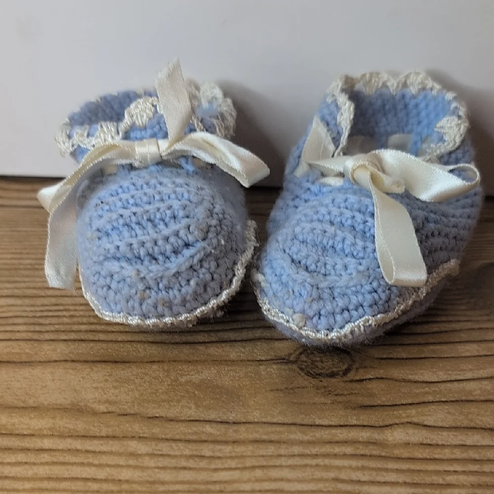Vintage Crochet Handmade Blue Baby Booties with Ribbon